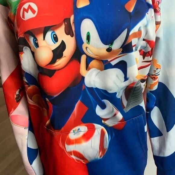 Mario & Sonic Hooded Sweatshirt kids size medium 8-10 blue red - Picture 3 of 6